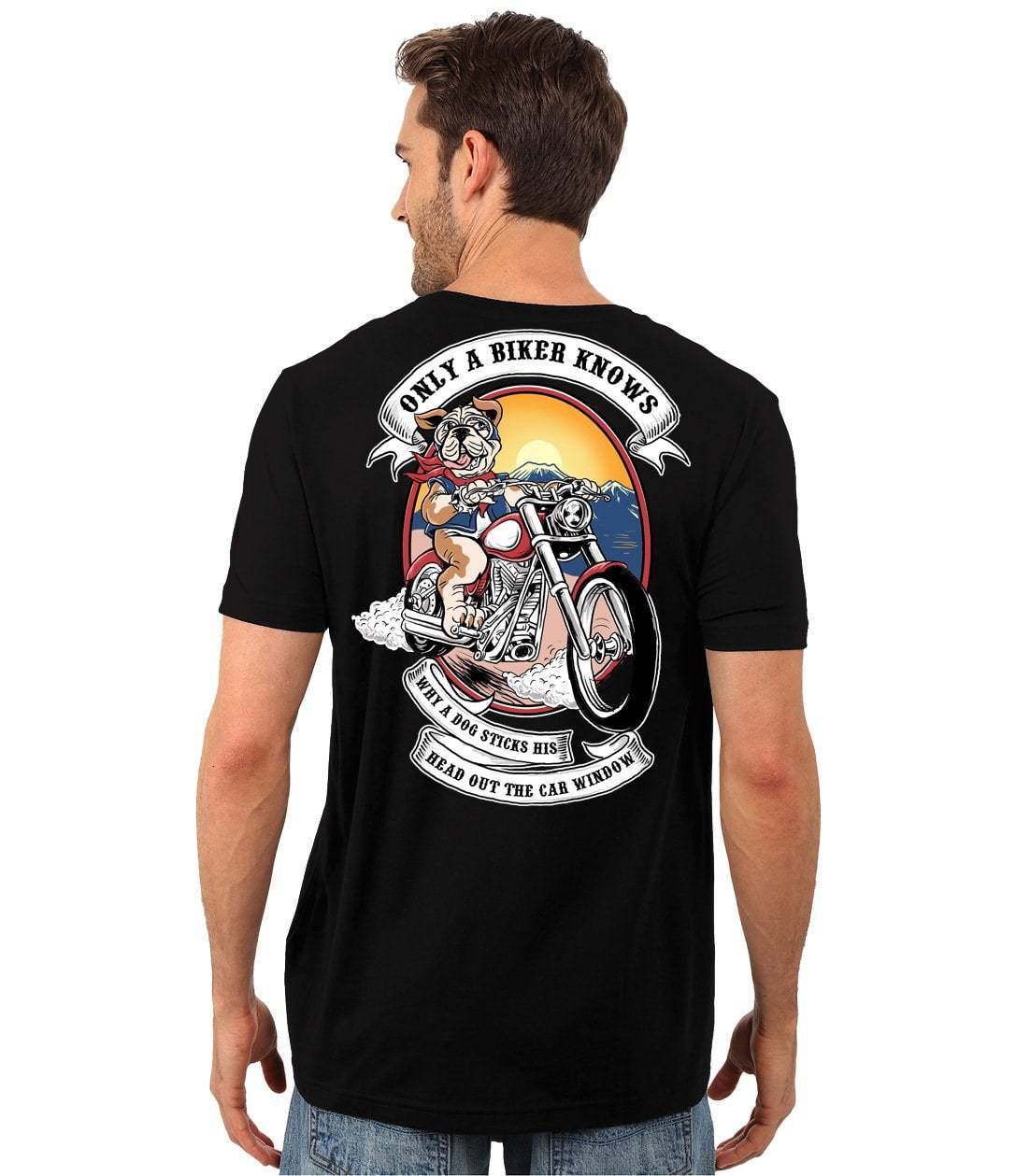 A man wearing the "Only A Biker Knows T-Shirt", a heavyweight classic unisex tee featuring an illustration of a biker dog and the text "Only a Biker Knows Why a Dog Sticks His Head Out the Car Window." Made from 100% cotton, this T-shirt boasts a durable digital print that captures every detail perfectly.