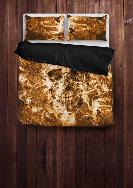 Burning Skull Bedding Set (1 Duvet Cover, 2 Pillowcases), Brushed Polyester, Gold/Brown