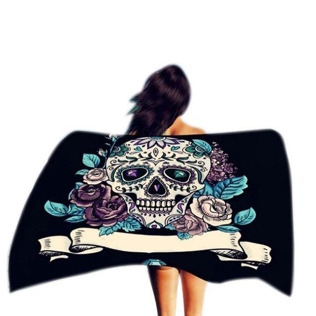 Beach Mandala Skull Shawl, Polyester, 59 x 39.4 in, Black with Skull & Roses Print - American Legend Rider