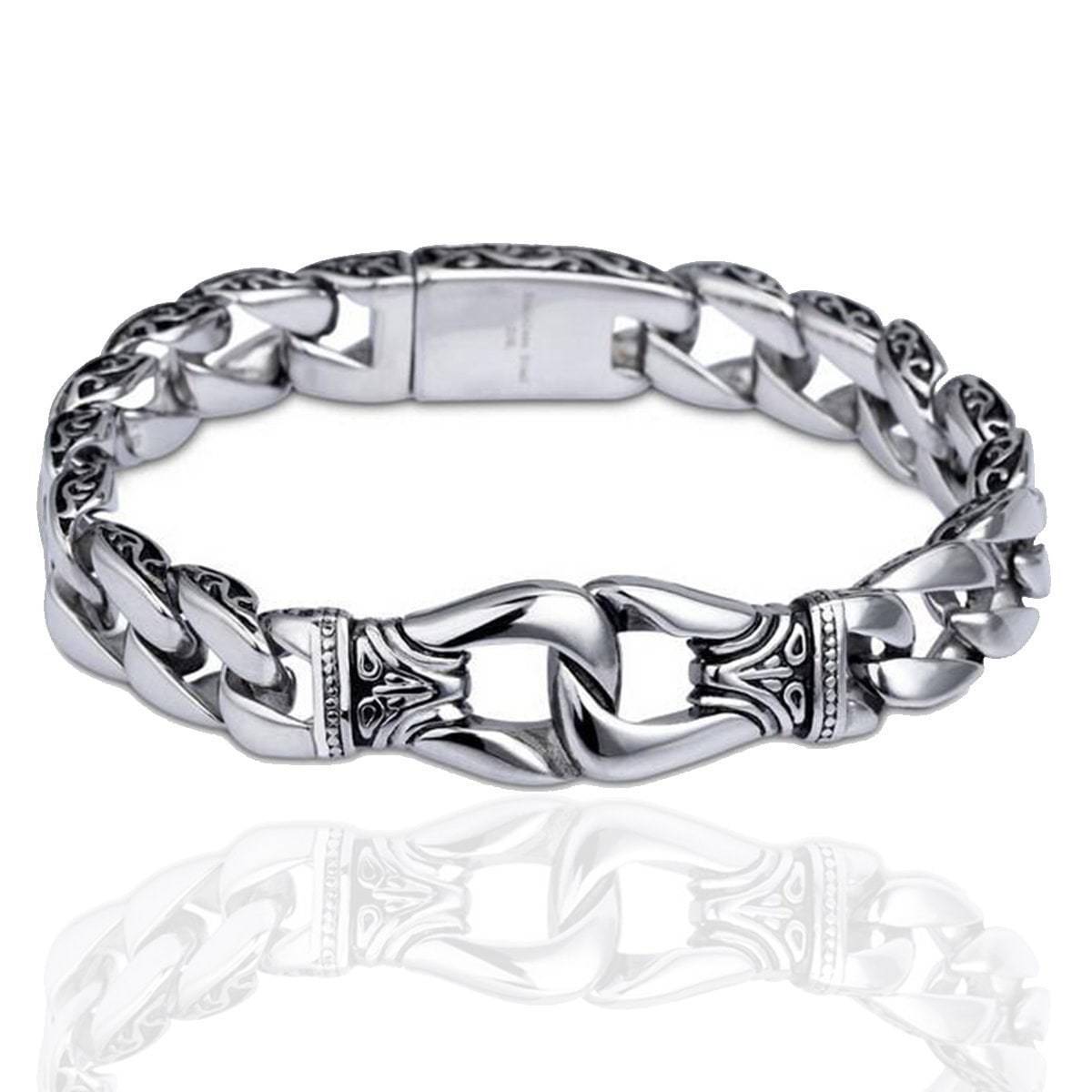 A Stainless Steel Vintage Charm Bracelet for Bikers with intricate detailing and a clasp closure, reminiscent of modern medieval fantasy jewelry, is displayed against a white background.