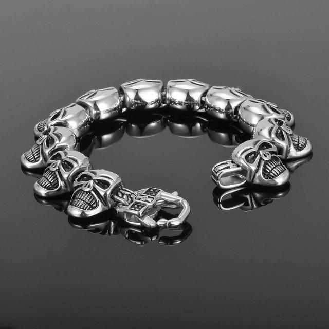 Men's Stainless Steel Steampunk Skull Bracelet, 8.7 x 0.8 in, Antique Silver Tone