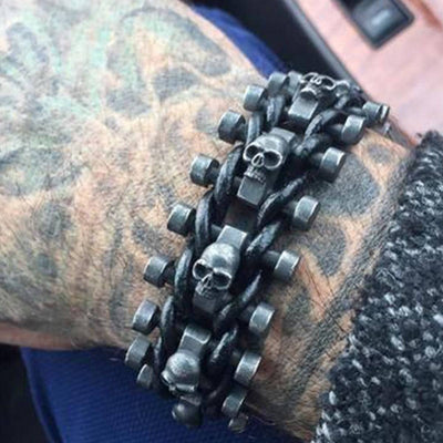 A biker wearing a Skeleton Chain Buckle Bracelet.