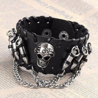 A black Leather Skull Bracelet featuring a metallic skull centerpiece with chain and bullet embellishments.