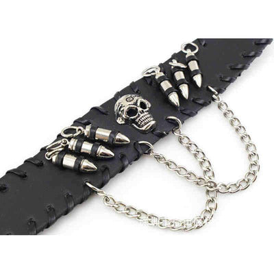 Black braided Leather Skull Bracelet with skull and bullet charms linked by a metal chain.