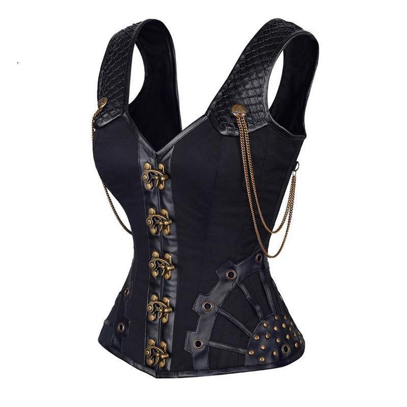 Custom Vintage Steampunk Black Gothic Leather Corset Top 2014 For Sale