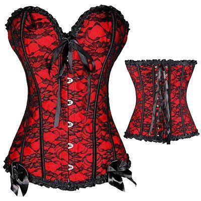 Sexy Red Corset w/Black Lace Overlay, Plastic Boned
