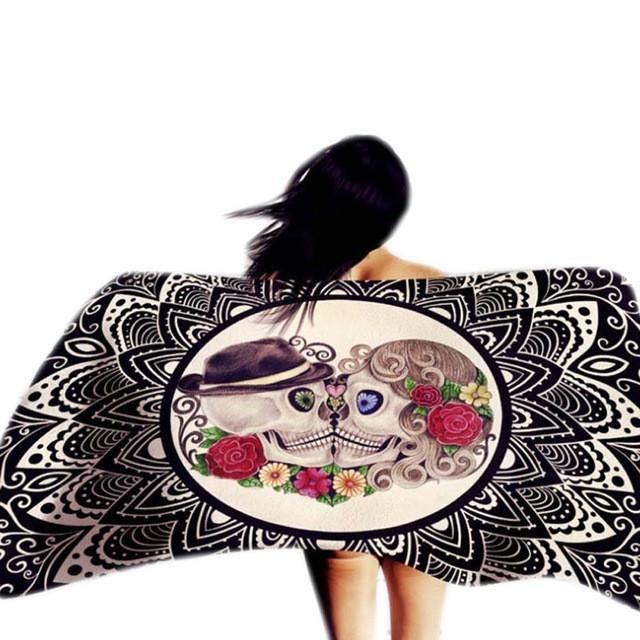 Beach Mandala Skull Shawl, Polyester, 59 x 39.4 in, Black with Skull & Roses Print - American Legend Rider