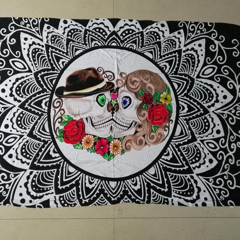 Beach Mandala Skull Shawl, Polyester, 59 x 39.4 in, Black with Skull & Roses Print - American Legend Rider