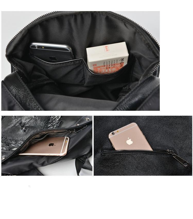Two pictures of a 3D Skull Backpack Hoodie with a cell phone inside.