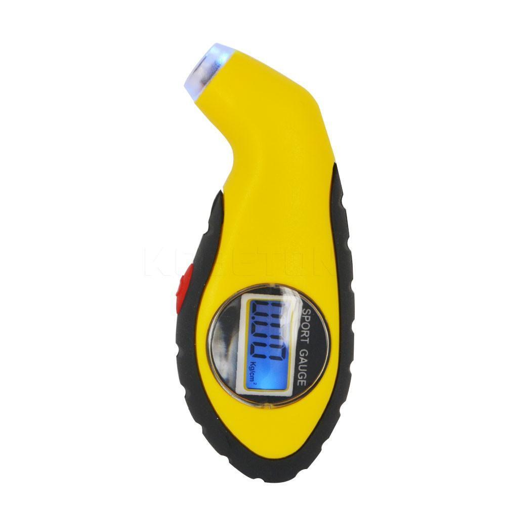 A yellow and black Tire Pressure Tester on a white background.