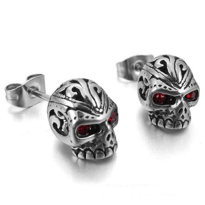 Red Eye Skull Stud Earrings for Men & Women, Stainless Steel/Crystal,  0.4 x 0.3 in - American Legend Rider