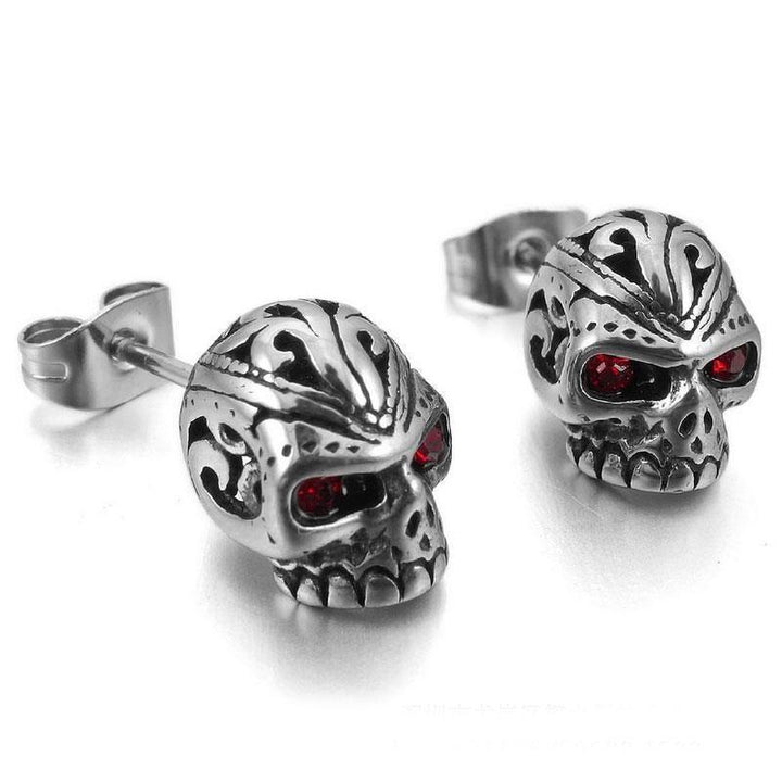 Red Eye Skull Stud Earrings for Men & Women, Stainless Steel/Crystal, 0.4 x 0.3 in
