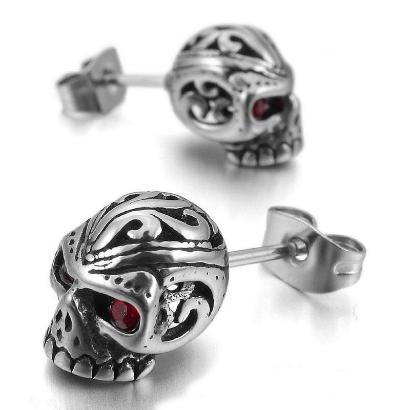 Red Eye Skull Stud Earrings for Men & Women, Stainless Steel/Crystal, 0.4 x 0.3 in - American Legend Rider