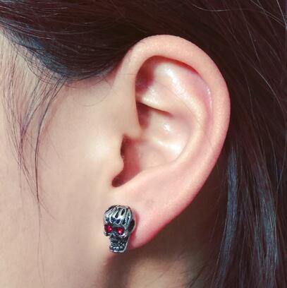 Red Eye Skull Stud Earrings for Men & Women, Stainless Steel/Crystal, 0.4 x 0.3 in - American Legend Rider