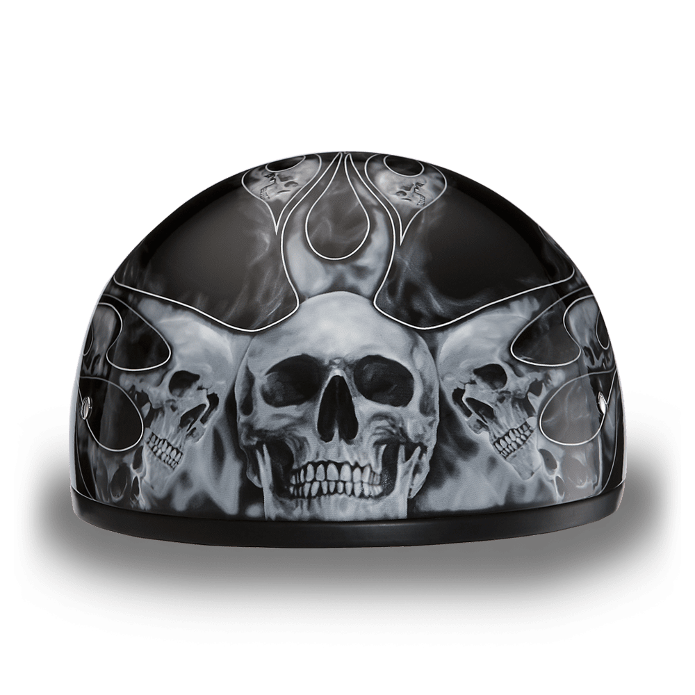 Daytona D.O.T. Silver Skull & Flames Skull Cap Half Helmet, Black - American Legend Rider