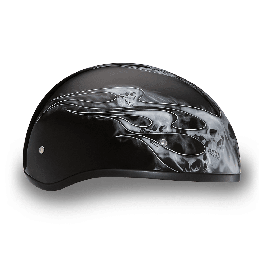 Daytona D.O.T. Silver Skull & Flames Skull Cap Half Helmet, Black - American Legend Rider