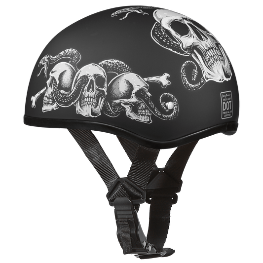 Daytona D.O.T. Motorcycle Skull Cap Half Helmet w/ Snake Skulls, Black/White - American Legend Rider