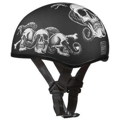 Daytona D.O.T. Motorcycle Skull Cap Half Helmet w/ Snake Skulls, Black/White - American Legend Rider