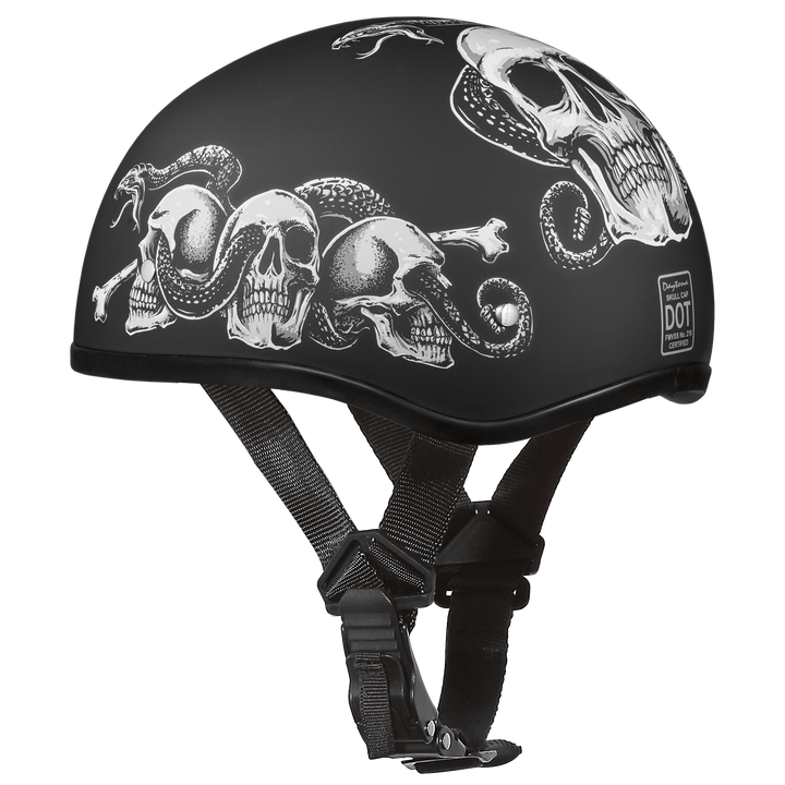Daytona D.O.T. Motorcycle Skull Cap Half Helmet w/ Snake Skulls, Black/White