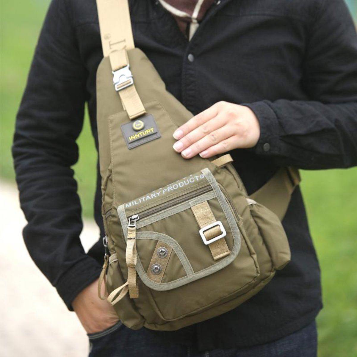 Men's Premium Nylon Crossbody Bag, Black, Army Green - American Legend Rider