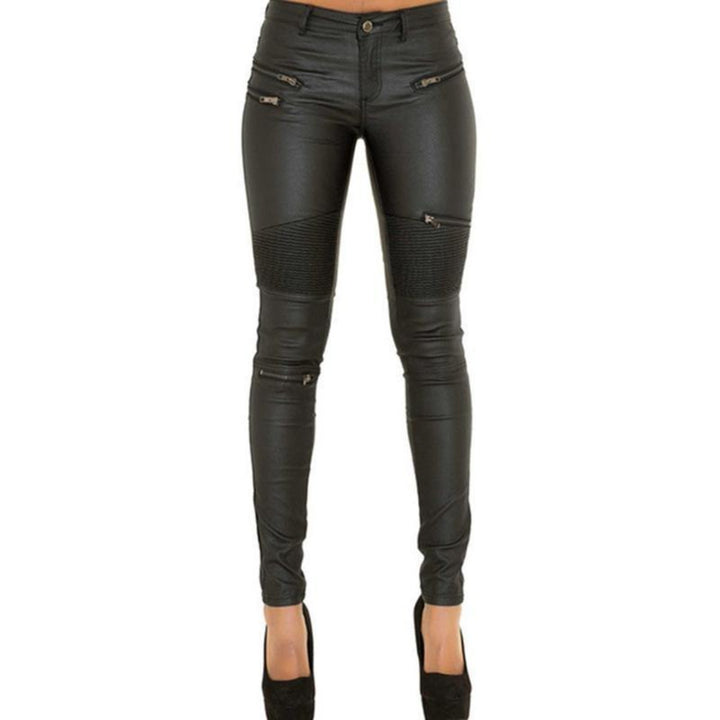 A fashionable woman wearing the Chic Leather Look Bundle: Floral Lace Corset and Sexy Skinny Pants with zippers.