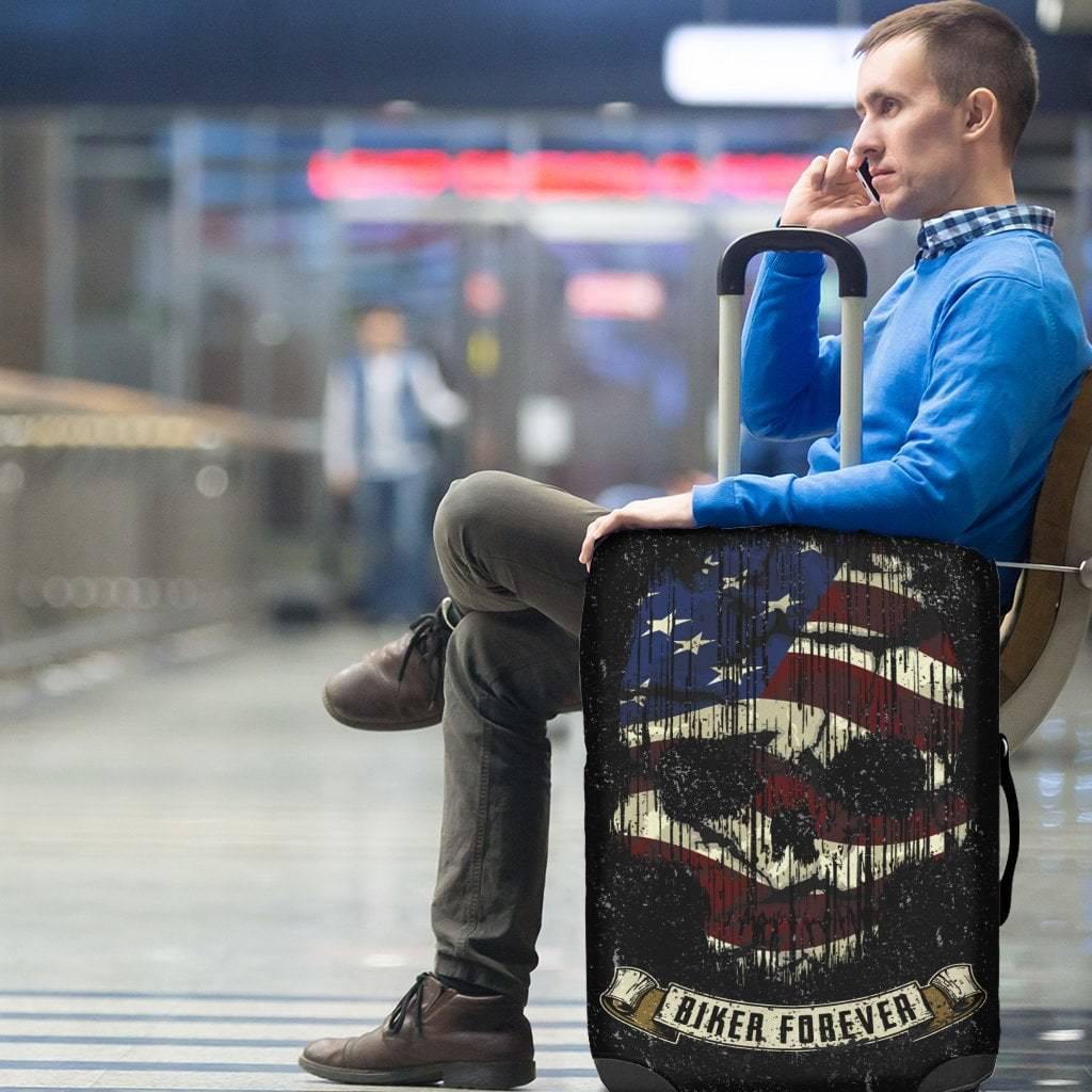 Shredded Skull American Flag Luggage Cover, Polyester/Spandex, Black/White/Red - American Legend Rider