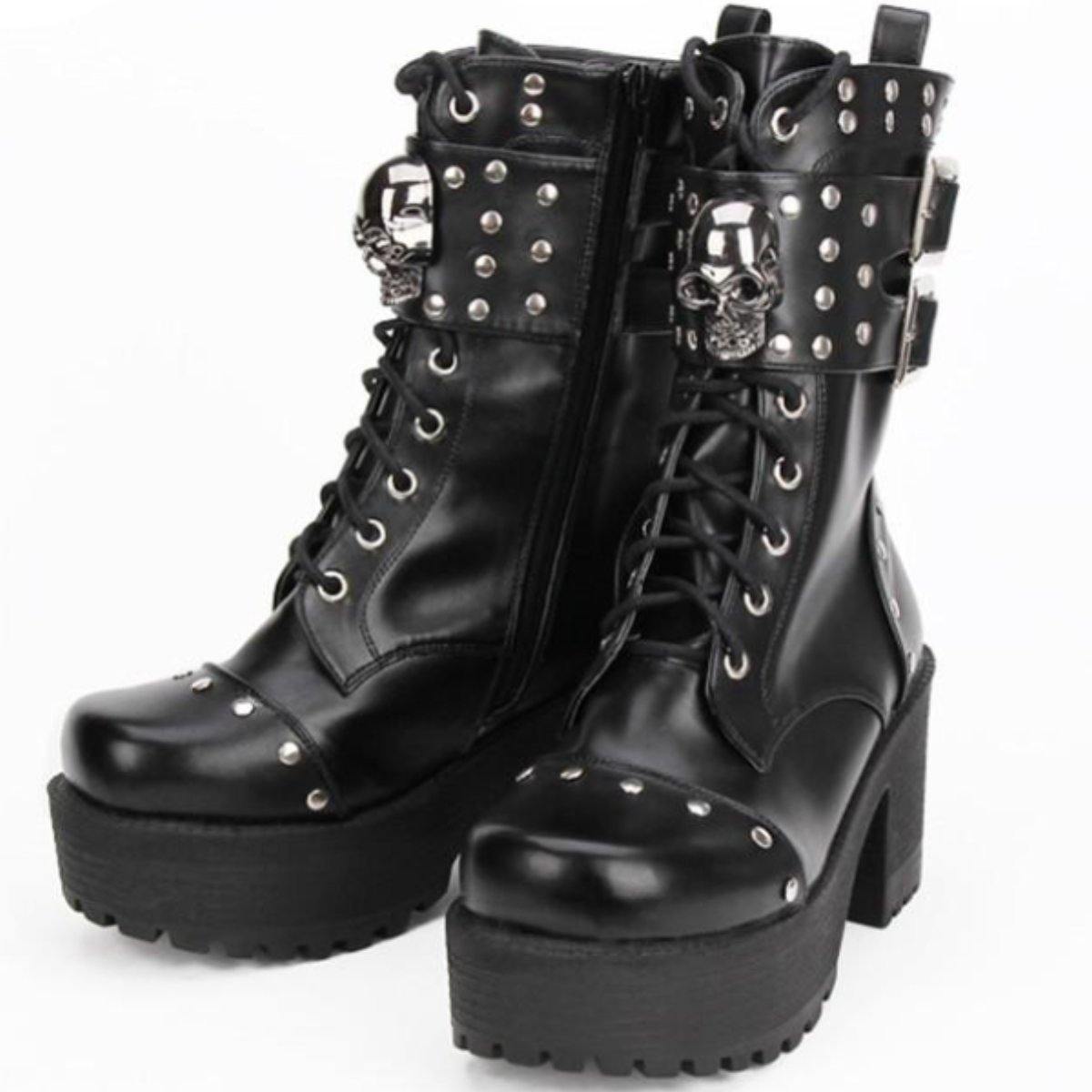 Heeled Gothic Skull Lace-Up Boots w/ Rivets, PU Leather, Black - American Legend Rider