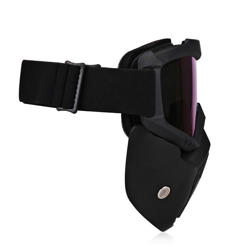 Side view of the black Motorcycle Goggles Mask made of TPEE/Polycarbonate, featuring UV protection, an adjustable strap, and a detachable face shield.