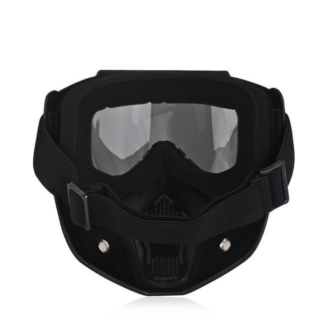 Motorcycle Goggles Mask featuring a black frame made from TPEE/Polycarbonate, includes a protective face mask with clear, antifog goggles and an adjustable strap for UV protection and enhanced safety.