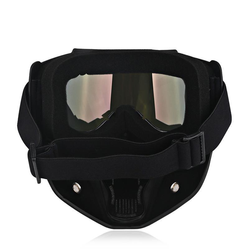 Motorcycle Goggles Mask with a black frame, featuring reflective, antifog lenses and UV protection, front view.