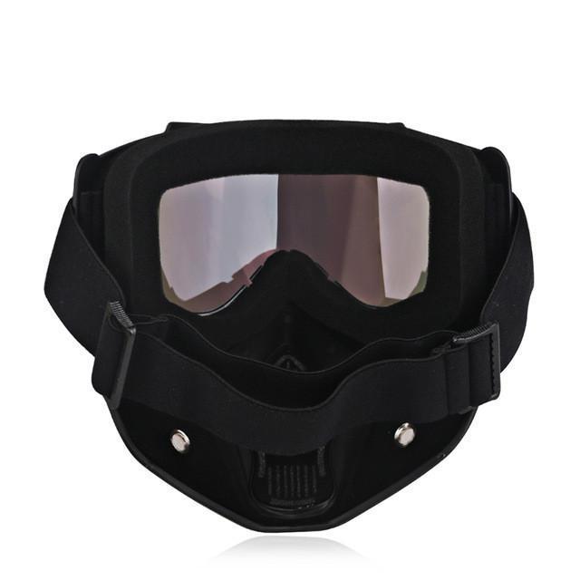 Black Motorcycle Goggles Mask with a TPEE and polycarbonate construction, featuring tinted lenses with UV protection, antifog technology, and an adjustable strap.