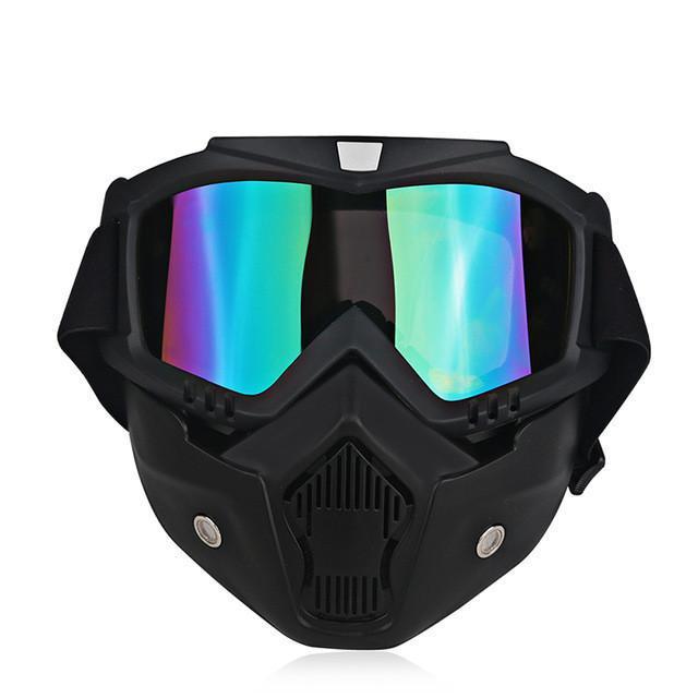 The Motorcycle Goggles Mask, with a black frame made from TPEE and polycarbonate, features antifog motorcycle goggles with UV protection and a ventilated mouthguard, perfect for outdoor activities.