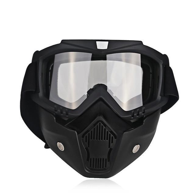 A black Motorcycle Goggles Mask with tinted, antifog lenses and ventilation openings, crafted from TPEE/Polycarbonate for UV protection and face safety.