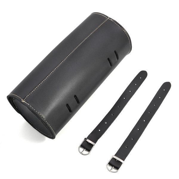 Black Leather Round Saddle Bag with carrying straps and silver buckles, isolated on a white background.