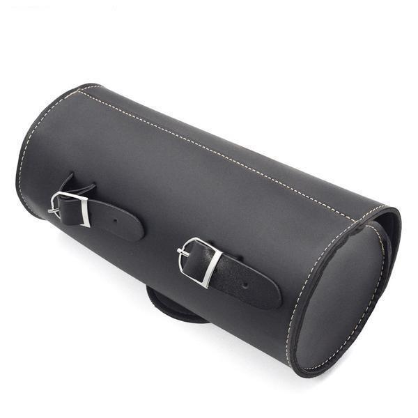 Leather Round Saddle Bag with buckle closures on a white background.
