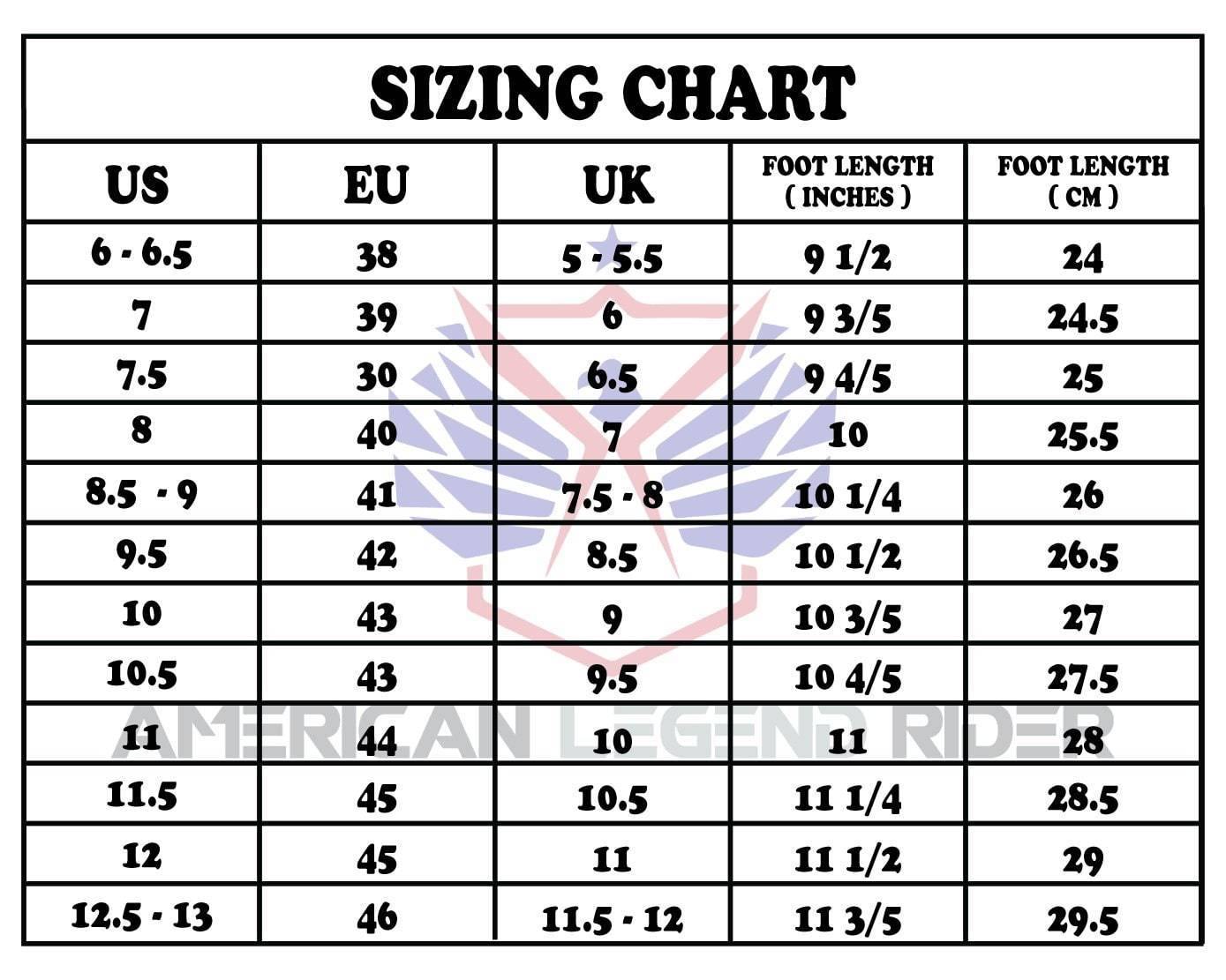 The size chart for Handmade Leather Skull Boots.