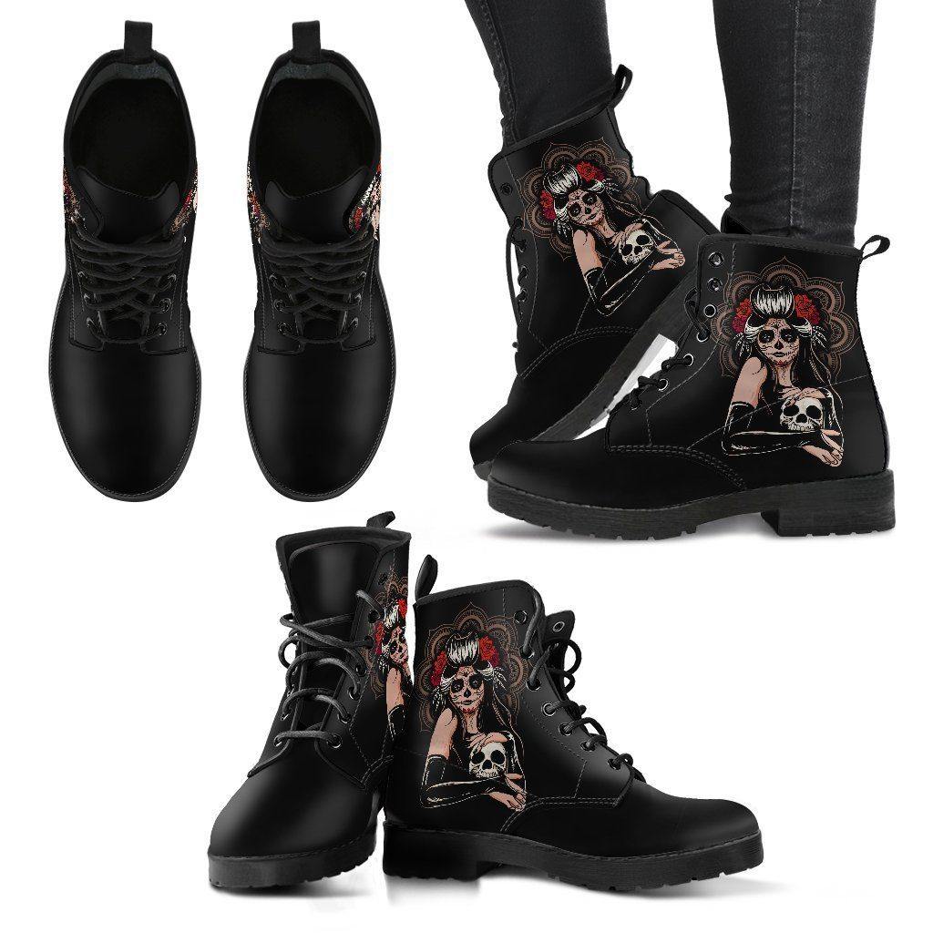 Women's Sugar Skull Girl Round Toe Boots, Calavera Girl Boots, Vegan-Friendly Leather, Black - American Legend Rider