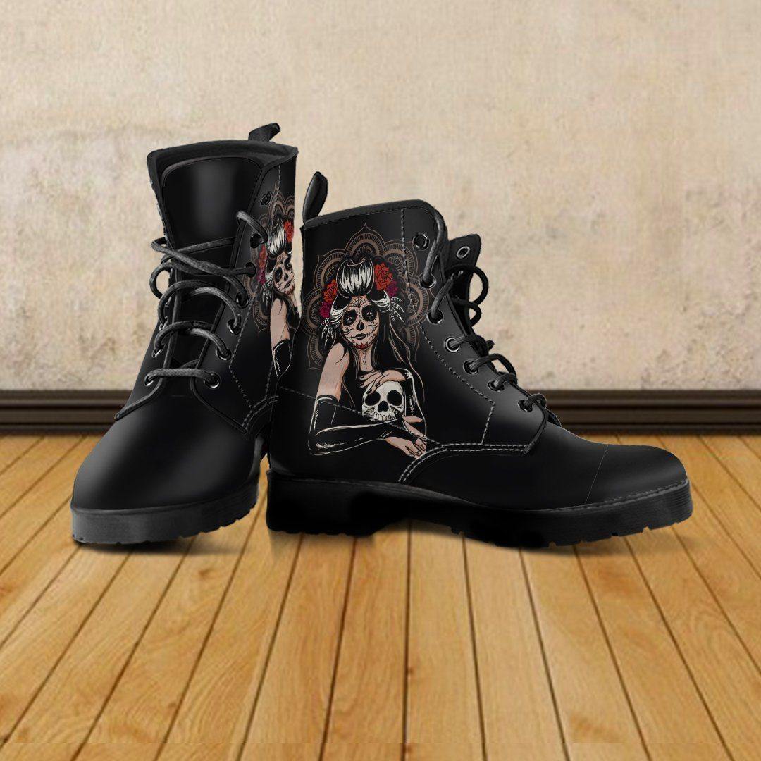 Women's Sugar Skull Girl Round Toe Boots, Calavera Girl Boots, Vegan-Friendly Leather, Black - American Legend Rider