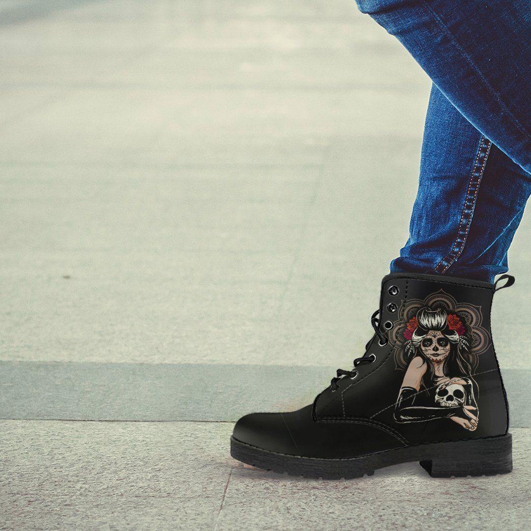 Women's Sugar Skull Girl Round Toe Boots, Calavera Girl Boots, Vegan-Friendly Leather, Black - American Legend Rider