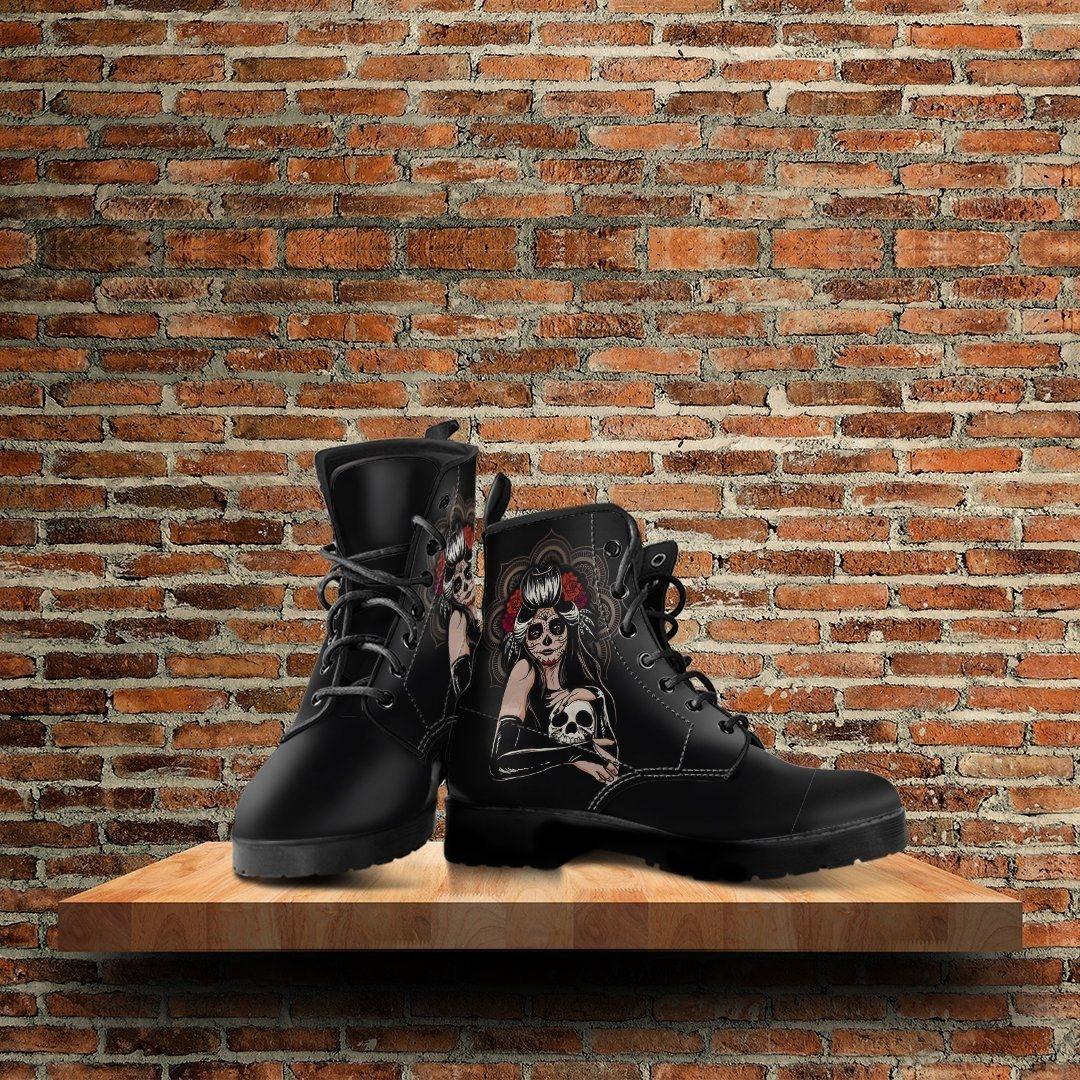 Women's Sugar Skull Girl Round Toe Boots, Calavera Girl Boots, Vegan-Friendly Leather, Black - American Legend Rider