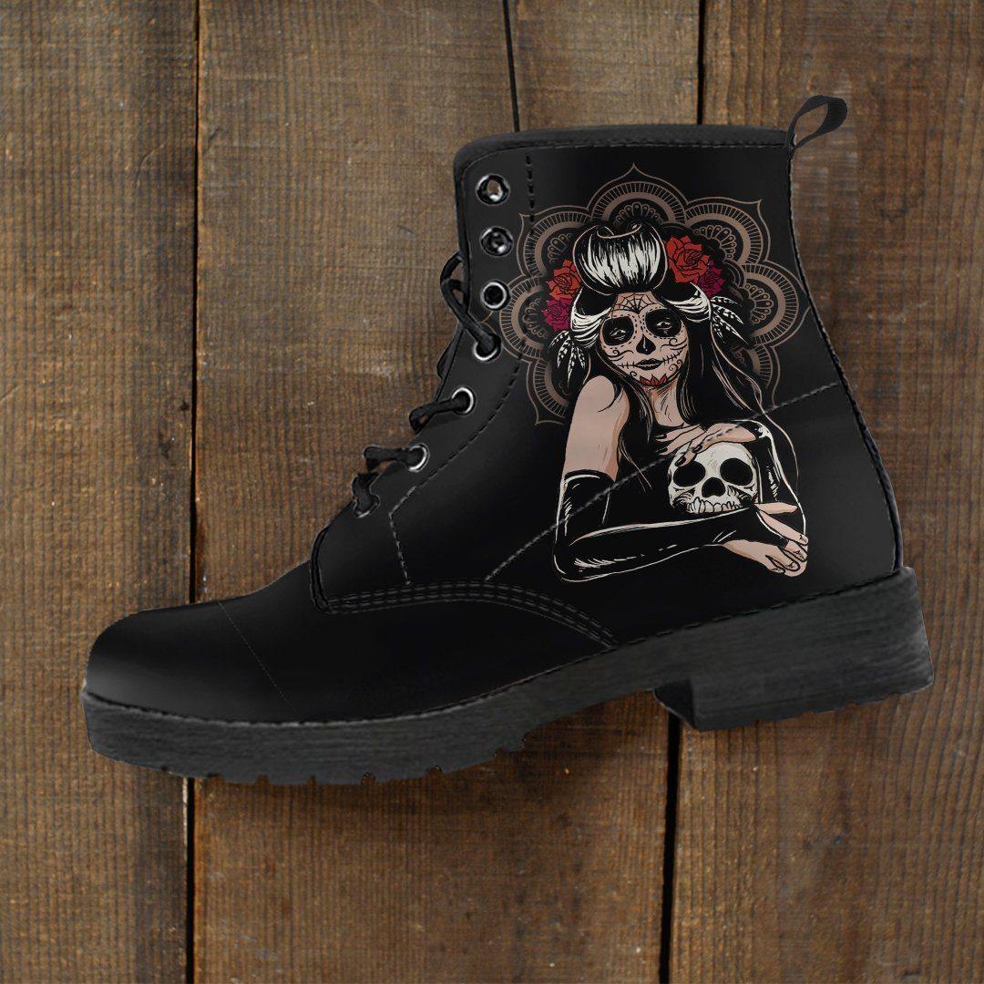 Women's Sugar Skull Girl Round Toe Boots, Calavera Girl Boots, Vegan-Friendly Leather, Black - American Legend Rider