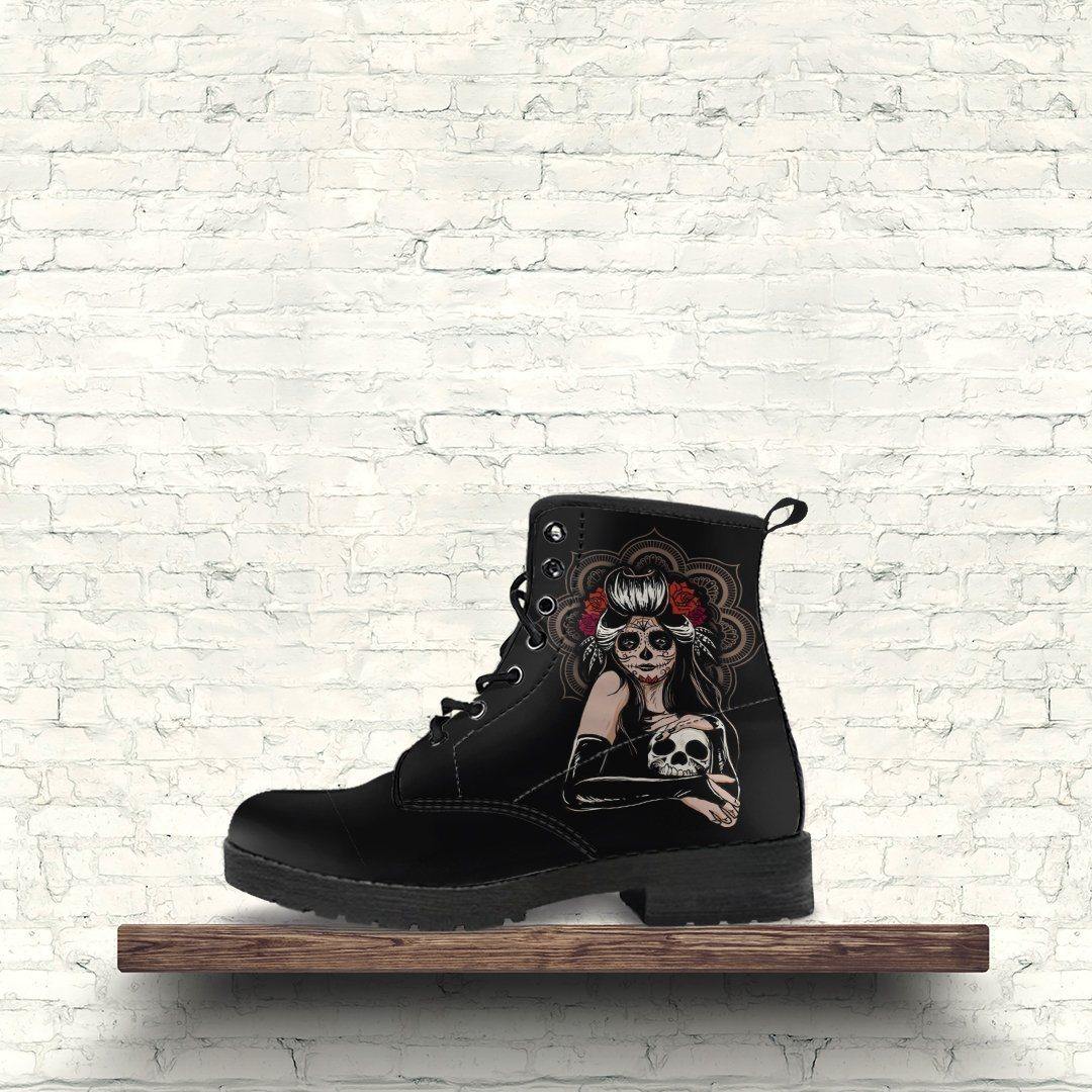 Women's Sugar Skull Girl Round Toe Boots, Calavera Girl Boots, Vegan-Friendly Leather, Black - American Legend Rider