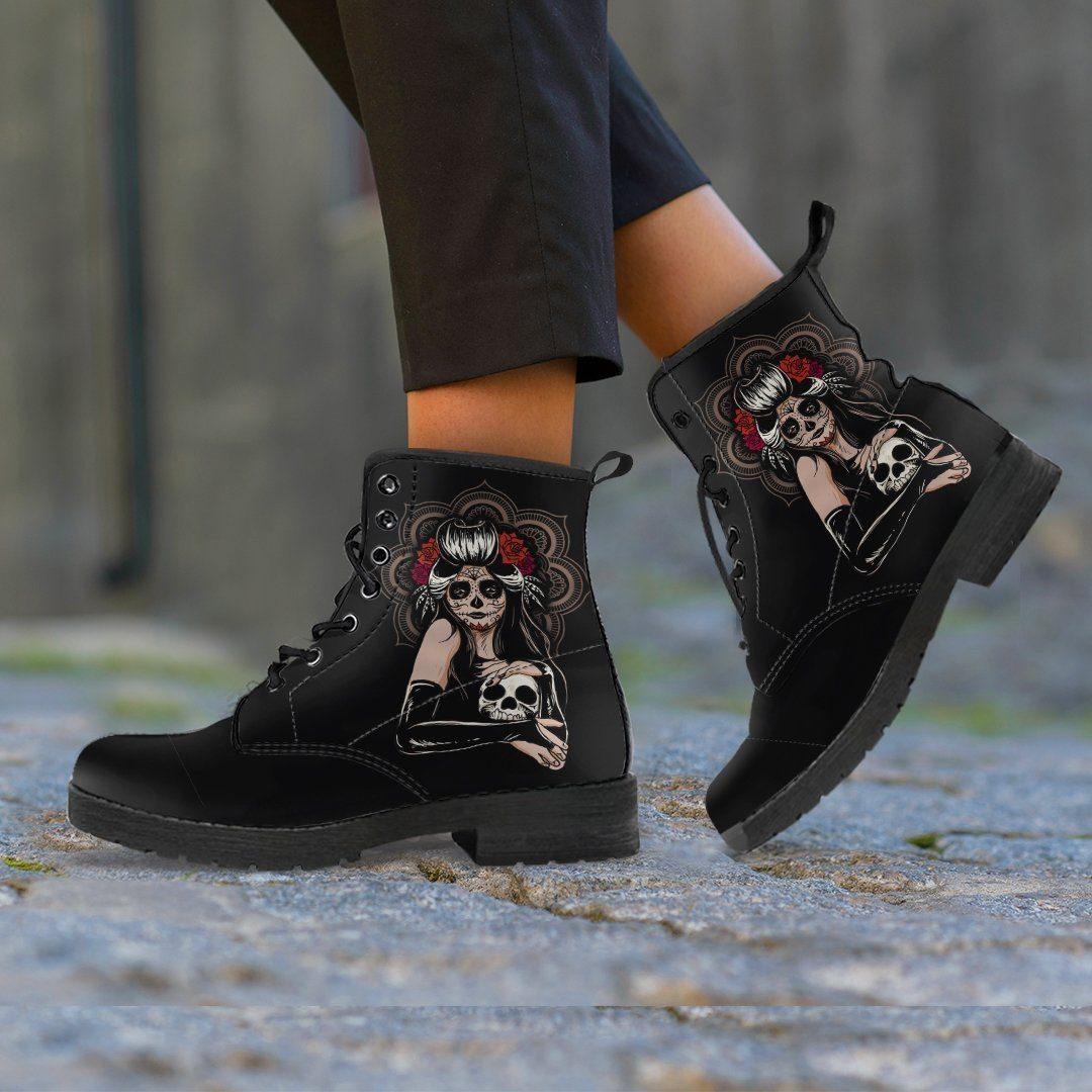 Women's Sugar Skull Girl Round Toe Boots, Calavera Girl Boots, Vegan-Friendly Leather, Black - American Legend Rider
