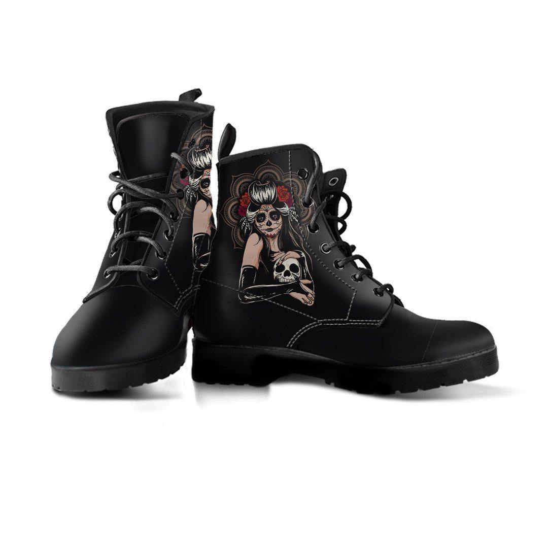 Women's Sugar Skull Girl Round Toe Boots, Calavera Girl Boots, Vegan-Friendly Leather, Black - American Legend Rider