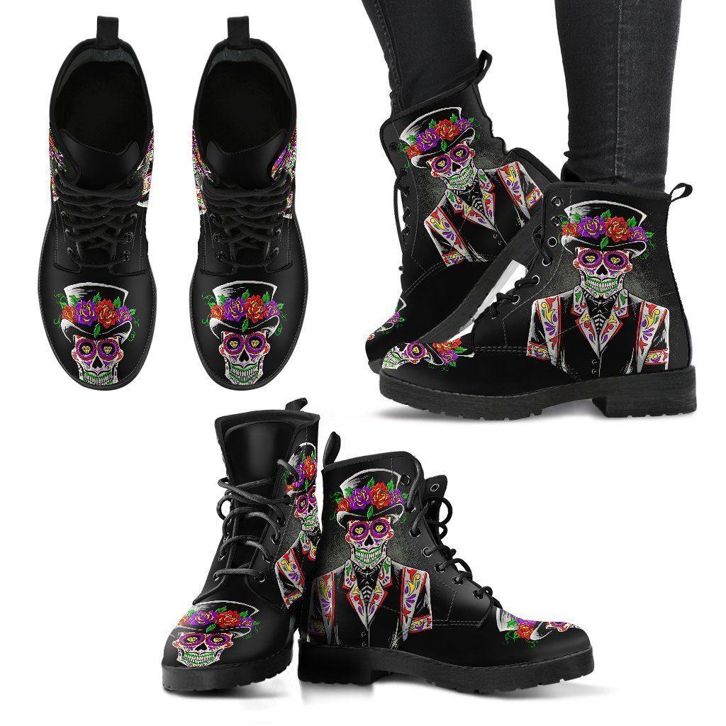 Sugar Skull Day of the Dead Lace-Up Boots, Vegan-Friendly Leather, Black w/ Double-Sided & Toe Print - American Legend Rider
