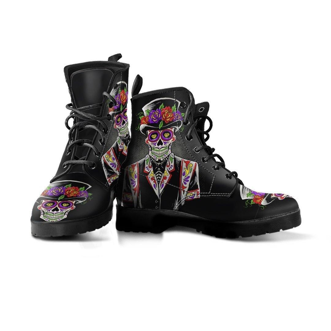 Sugar Skull Day of the Dead Lace-Up Boots, Vegan-Friendly Leather, Black w/ Double-Sided & Toe Print - American Legend Rider