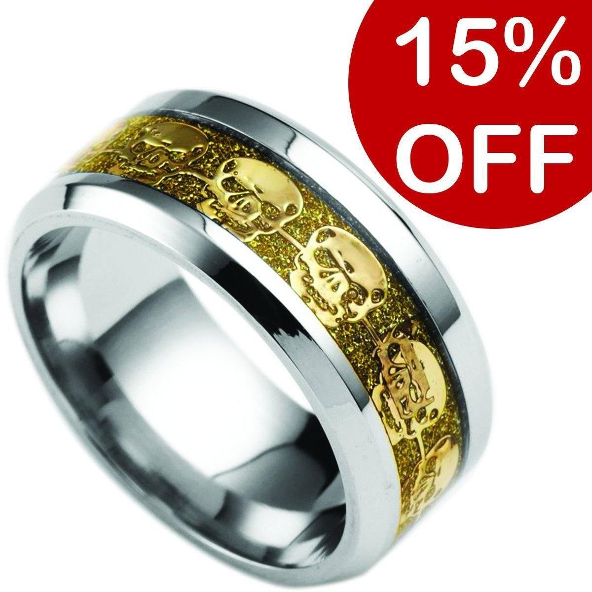 Skull Band Ring Stainless Steel, 0.3 in/8 mm, w/ Yellow Gold Color Skulls Eternity Inlay, Silver/Gold - American Legend Rider