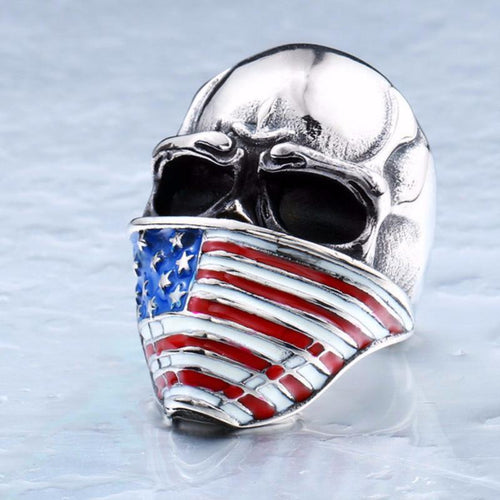 Mens American Flag Skull Ring, Stainless Steel Biker Ring