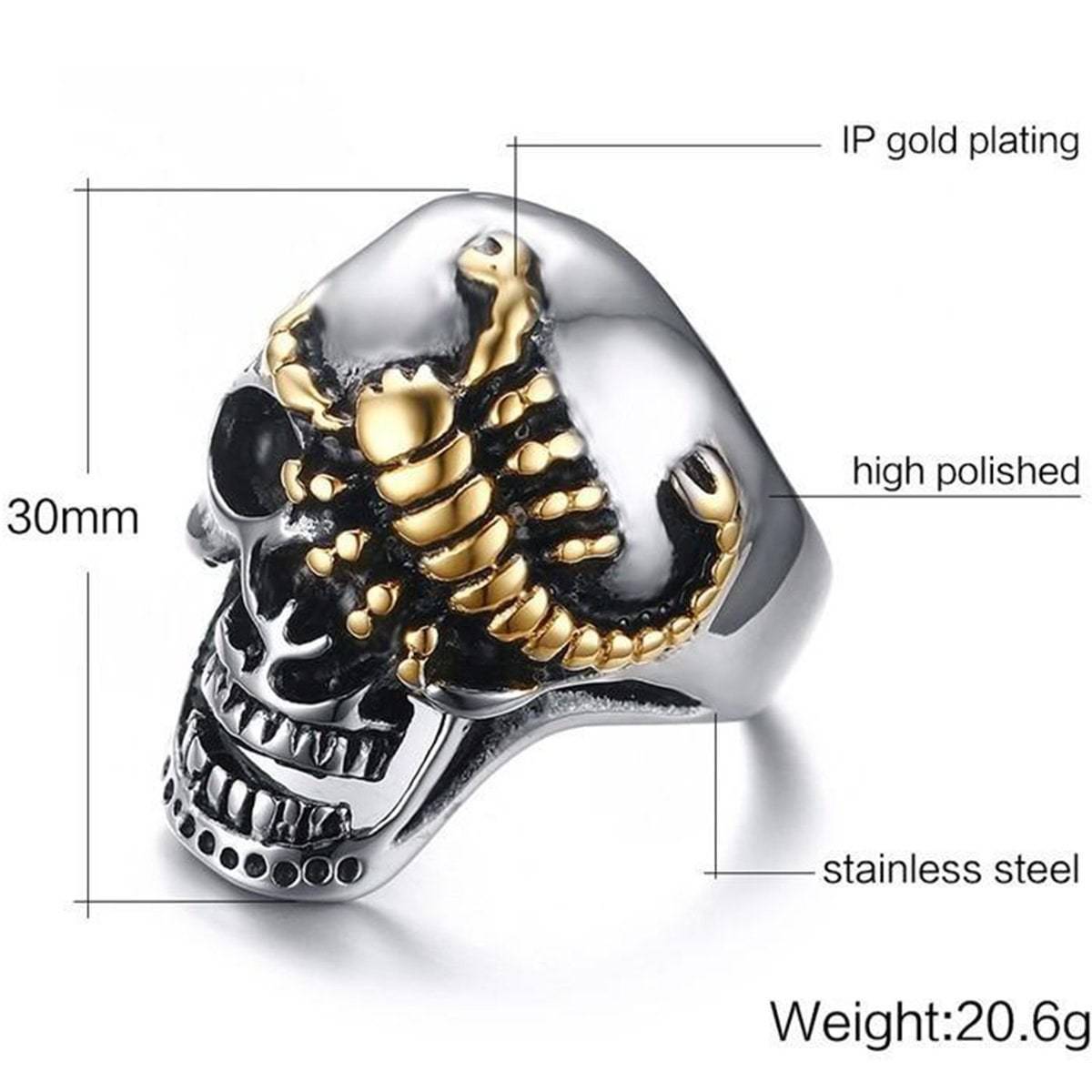 The Stainless Steel Punk Rock Silver Skull & Gold Scorpion Ring features a high-polished silver skull design with a striking gold scorpion. Crafted from stainless steel with IP gold plating, this limited edition ring measures 30mm in height and weighs 20.6g.