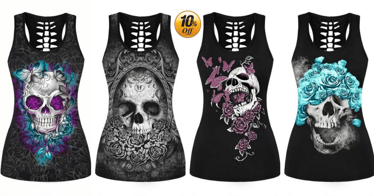 Women's Skull Tank Top, Polyester/Spandex, Black with Human Skull Print - American Legend Rider